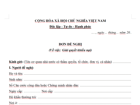 MẪU ĐƠN ĐỀ NGHỊ GIẢI QUYẾT KHIẾU NẠI