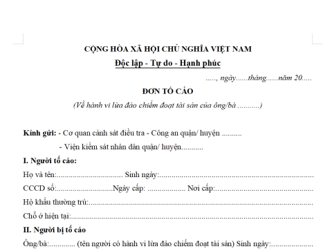 MẪU ĐƠN TỐ CÁO HÀNH VI LỪA ĐẢO CHIẾM ĐOẠT TÀI SẢN