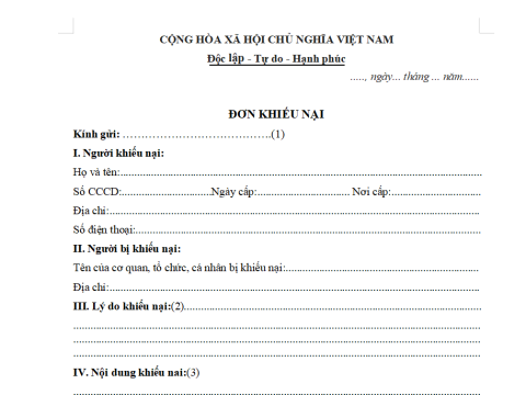 MẪU ĐƠN KHIẾU NẠI VỀ BỒI THƯỜNG ĐẤT ĐAI 
